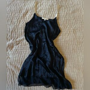 ERICA TANOV Rare Silk Slip Dress Midnight Blue Charmeuse Ribbon Straps 2